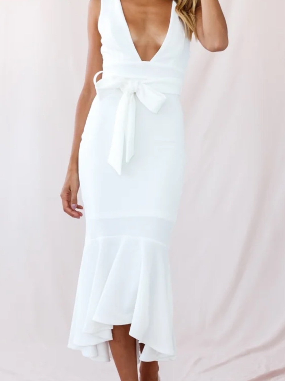 White V-Neck Mermaid Midi Dress